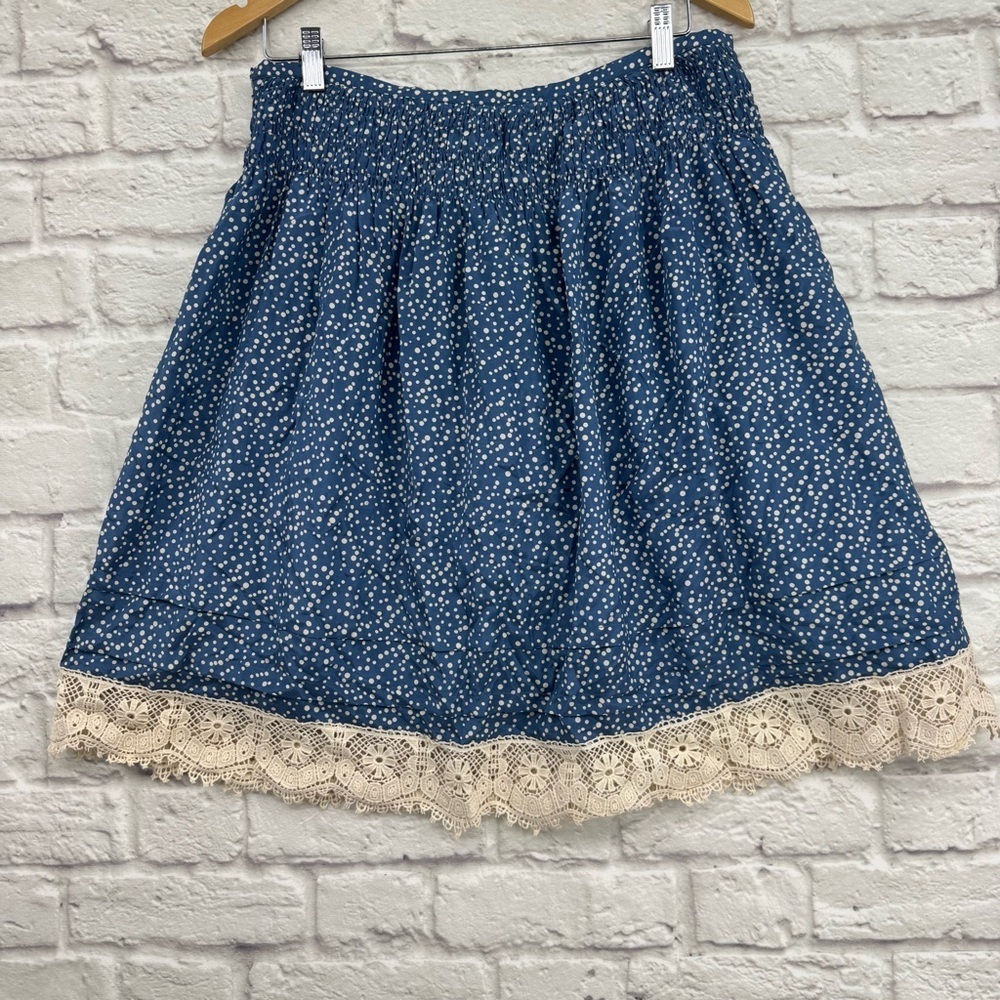 Sundance Silk Blend Polka Dot A-Line Skirt Lace Trim Smocked Waist Blue Size 10 - Picture 5 of 11